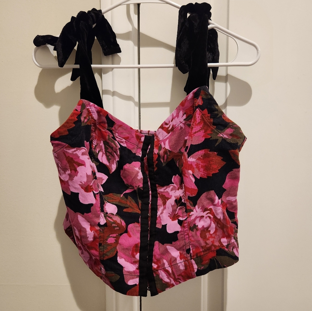 Free People Floral Pink and Black Cropped Corset Top
